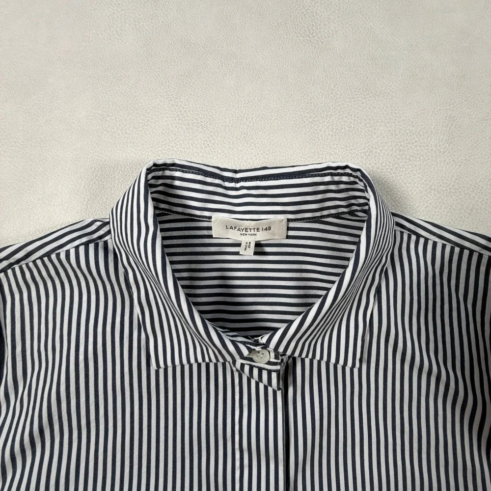 Lafayette 148 New York Womens Navy White Striped Button Down Shirt Large - Picture 2 of 16